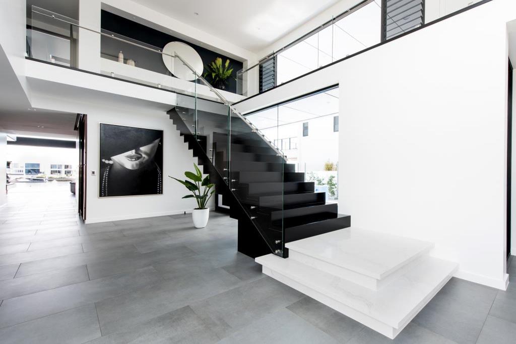 Black and white interior with Breezway louvre windows